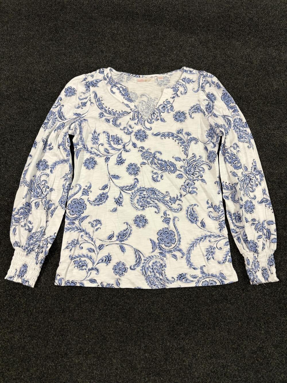 Belle By Kim Gravel Shirt Womens XS Blue Paisley V Neck Long Sleeve Knit Top